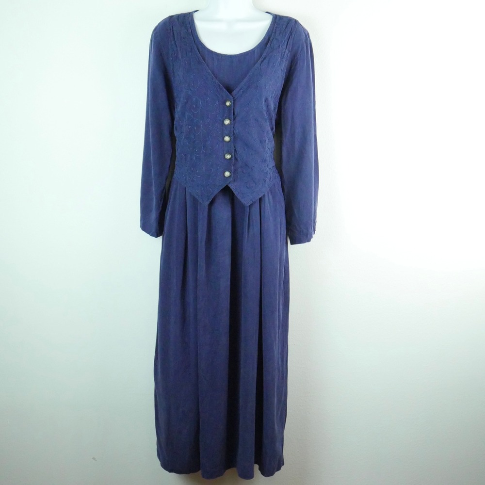 Vintage 90s Navy Blue Embroidered Vest Maxi Dress Prairie Teacher Cottagecore 12